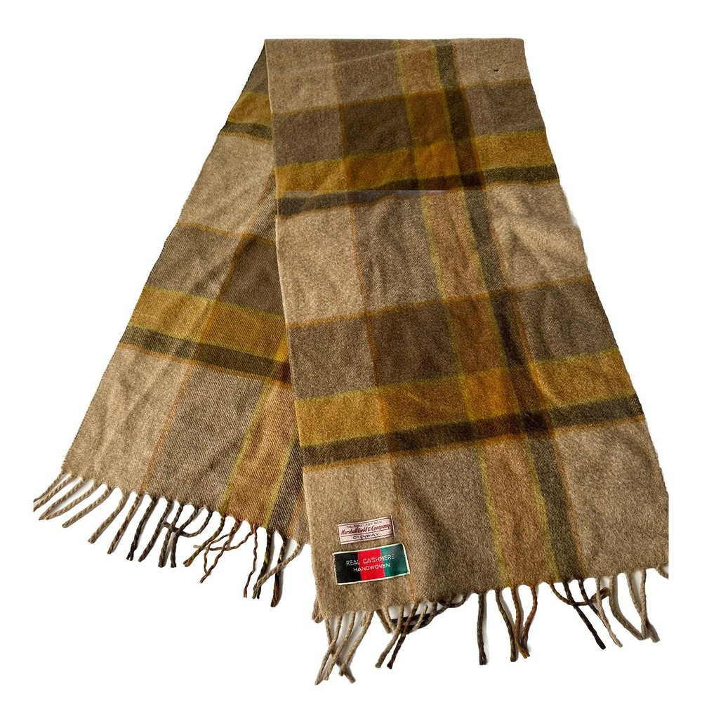 Marshall Fields 100% Cashmere Brown Winter Cozy Plaid Neck Scarf Vintage *holes*